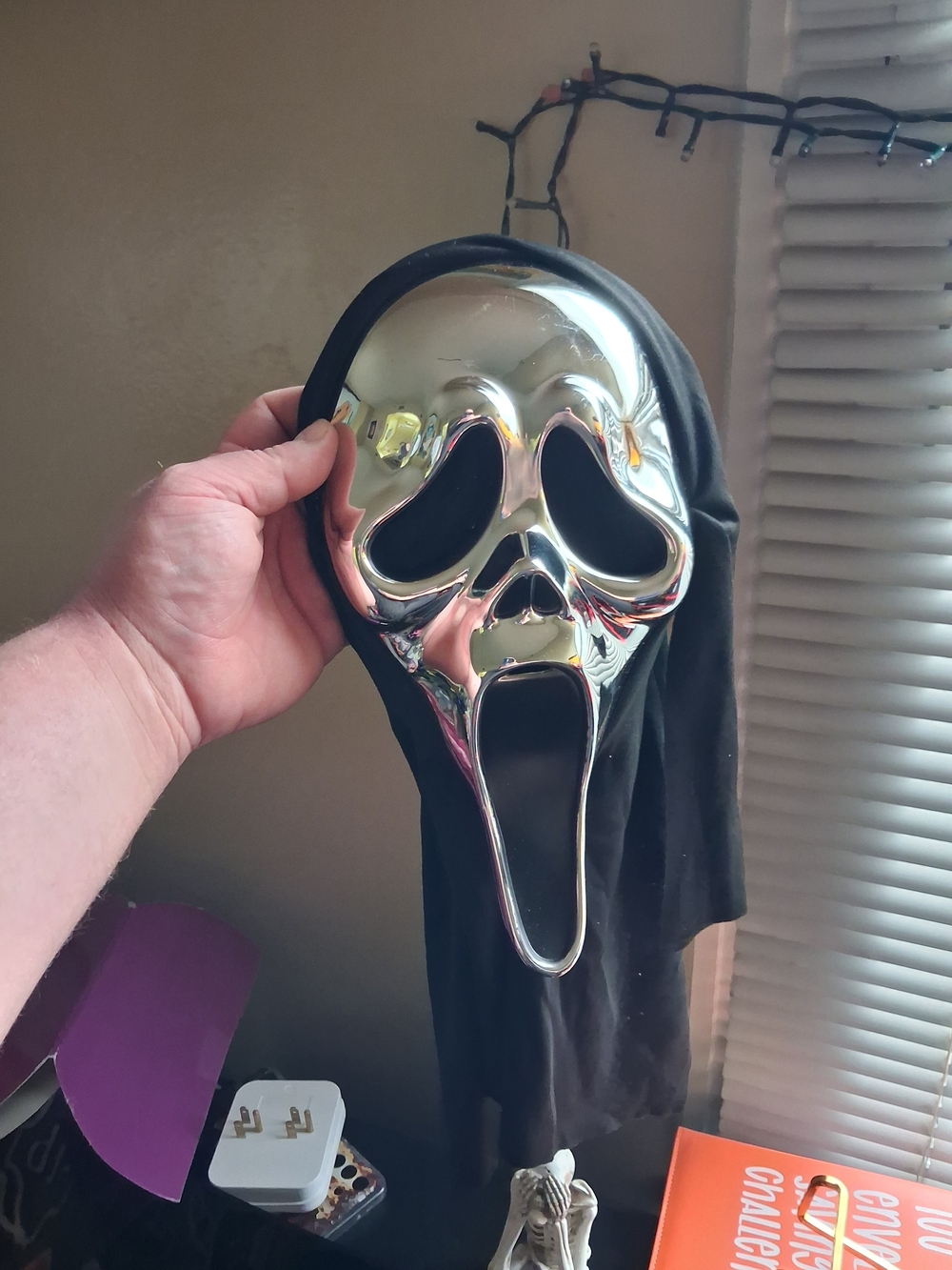 Silver Ghost Face Decorative Mask with Black Hood - Home Accents